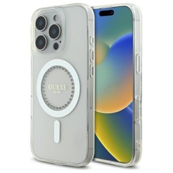 Guess IML Rhinestones MagSafe vāciņš priekš iPhone 16 Pro Max — balts | Phone Case Cover