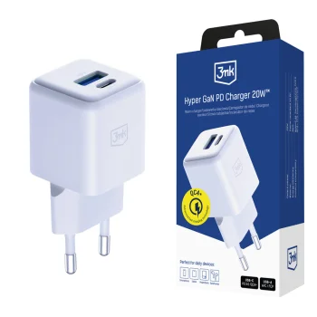 Сетевое зарядное устройство 3mk Hyper GaN 20W USB-C USB-A, белое