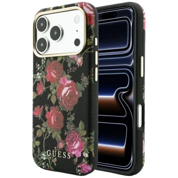Guess Blossom Roses Print MagSafe ümbris iPhone 18 Pro / 17 Pro jaoks, must