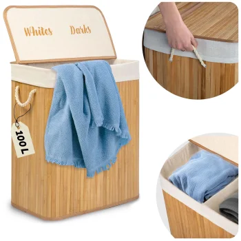 Massido Bamboo Laundry Basket with Lid, 2 Compartments, 100 L