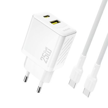 Dudao A26TCEU PD QC 25W GaN USB-A USB-C sienas lādētājs ar USB-C kabeli – balts