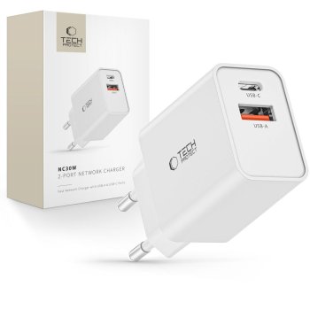 Tech-Protect NC30W USB-C PD 30W / USB-A QC 3.0 lādētājs – balts