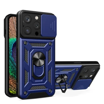 Hybrid Armor Camshield Case for iPhone 14 Pro Max with Camera Cover, Blue