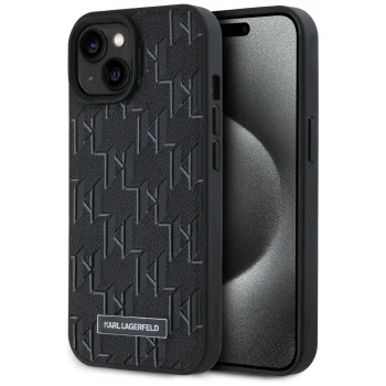 Apple iPhone 15 6.1'' Karl Lagerfeld Leather Monogram Metal Logo Cover Case, Black