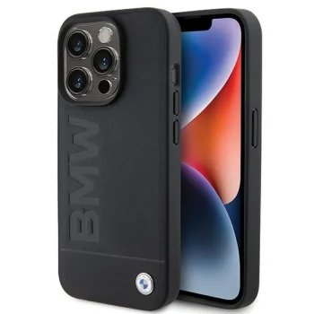 BMW iPhone 15 Pro Max vāciņš Leather Hot Stamp, melns