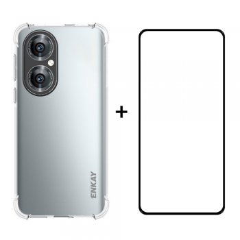 Huawei P50 ENKAY Four Corners Clear TPU Cover Case + Full Glue Tempered Glass | Telefona Vāciņš Maciņš Apvalks Bampers + Pilna Pārklājuma Aizsargstikls
