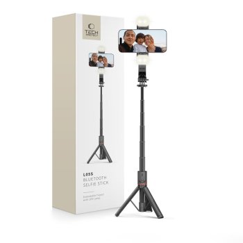 Tech-Protect L05S Bluetooth pašbildes kāts ar statīvu līdz 105 cm un LED apgaismojumu – melns