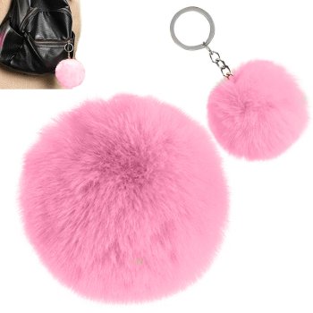 Fluffy Pom Pom Keychain, Faux Fur Bag Charm Key Ring, Pink