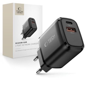 Tech-Protect NCA45W-GAN 2-portu USB-C / USB-A 45W sienas lādētājs – melns