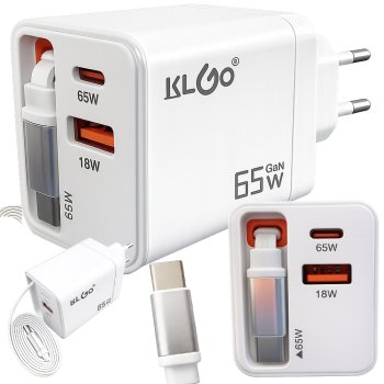 Ātrais 65W USB C sienas lādētājs ar iebūvētu kabeli Power Delivery portatīvajam datoram, balts