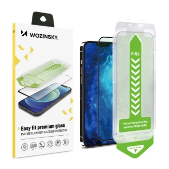 9H rūdīts stikls ar stiprinājuma rāmi iPhone 15 Pro Max Wozinsky Premium Glass - melns | tempered with mounting...