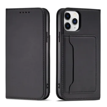 Atverams vāciņš iPhone 12 Pro ar karšu kabatām un statīvu Magnet Card Case, melns