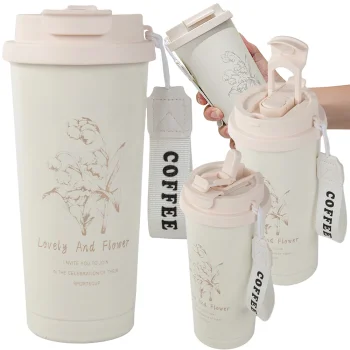 Thermal Mug with Straw and Strap, 530ml, Stainless Steel