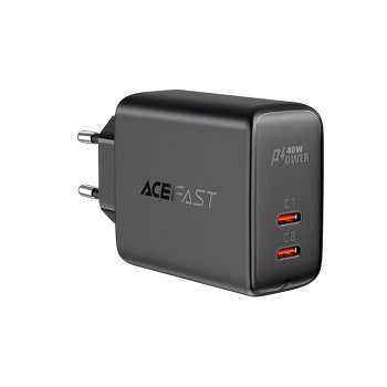 Сетевое зарядное устройство Acefast 2x USB Type C 40W, PPS, PD, QC 3.0, AFC, FCP, чёрный...