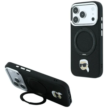 Чехол Karl Lagerfeld with Ring Stand 360 Karl Head Pin MagSafe для iPhone 18 Pro / 17 Pro, черный