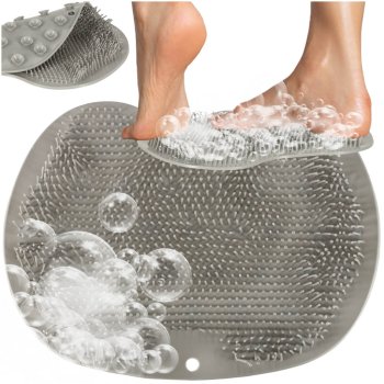 Silicone back and foot washing brush with suction cups, massage mat, grey
