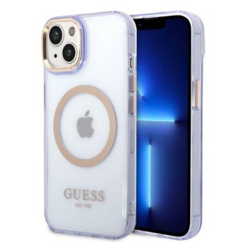 Guess vāciņš iPhone 14 Gold Outline Translucent MagSafe Violets