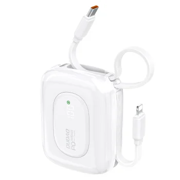 Dudao K32 ārējais akumulators 10000 mAh 22.5W ar iebūvētiem USB-C/Lightning kabeļiem, balts