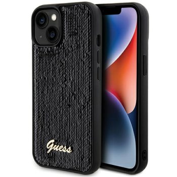 Guess iPhone 13 / 14 / 15 vāciņš Sequin Script Metal, melns
