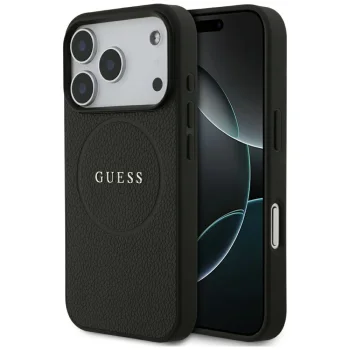 Guess Grained Gold Ring MagSafe vāciņš iPhone 18 Pro / 17 Pro, melns