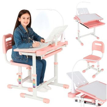 Kids Adjustable Desk and Chair Set with USB LED Lamp, Pink