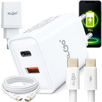 Ātrais sienas lādētājs 35W divas pieslēgvietas USB-C un USB-A ar kabeli, balts