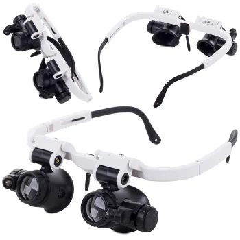 Pulksteņmeistara lupas brilles ar LED apgaismojumu 8x 23x, baltas-melnas