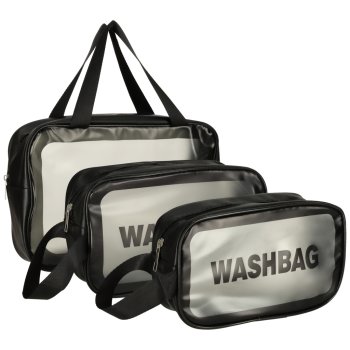 Set of 3 Clear Waterproof Travel Toiletry Bags, Makeup Organizer Pouches, Black
