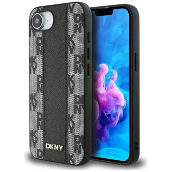 DKNY Leather Checkered Mono Pattern MagSafe vāciņš iPhone 16e, melns