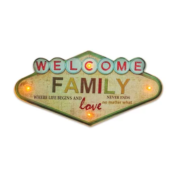 Металлическая ретро-вывеска с LED подсветкой Forever Light Welcome Family