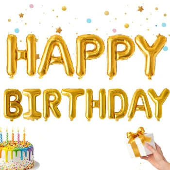 Folija balonu virtene Happy Birthday, dzimšanas dienas uzraksts, 13 gab., zelta