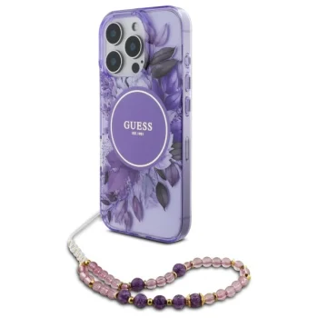 Guess IML Flowers Pearl Strap MagSafe vāciņš iPhone 16 Pro Max, violets