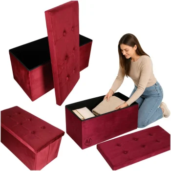Saliekams velūra pufs ar mantu glabātuvi 77x38x37 cm, bordo