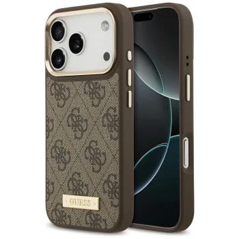 Чехол Guess 4G Logo Plate MagSafe для iPhone 17 Pro, коричневый