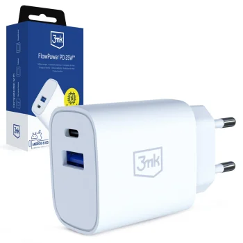 Сетевое зарядное устройство 3Mk Protection FlowPower 25W, USB-C/USB-A, белое
