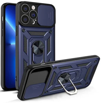 Triecienizturīgs vāciņš iPhone 13 Pro Max ar kameras aizbīdni, Hybrid Armor Camshield, zils