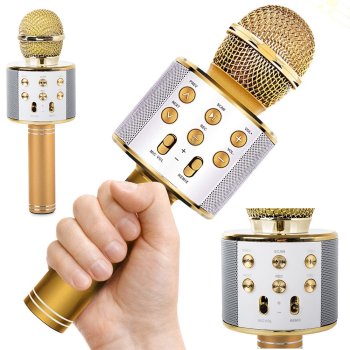 Wireless Karaoke Microphone with Bluetooth Speaker and Voice Changer, Gold