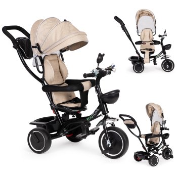 ECOTOYS 4-in-1 Toddler Tricycle with Rotating Seat and Push Handle, Beige