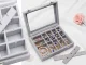 Velvet Jewelry Box with Glass Lid, 24 Compartments, Grey