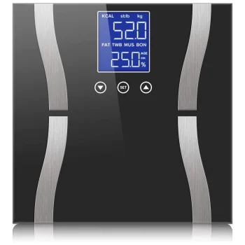 Analītiskie vannas istabas svari no stikla ar LCD ekrānu, līdz 180 kg, melni
