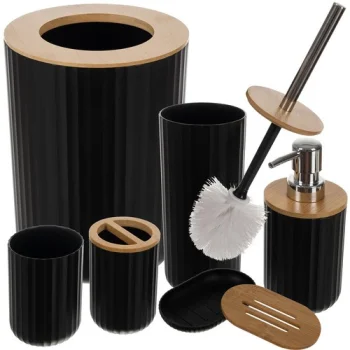 Ruhhy 00024636 Bathroom Accessory Set, 6 Pieces, Black/Bamboo