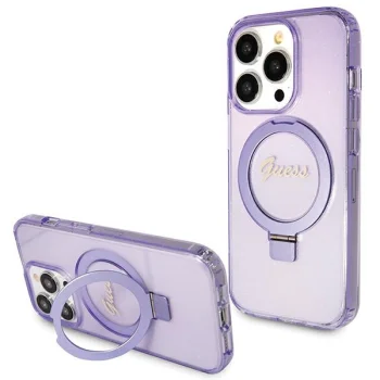 Guess iPhone 15 Pro vāciņš Ring Stand MagSafe Script Logo Glitter, violets