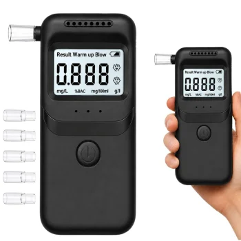 Digitāls elektroniskais alkometrs ar LCD ekrānu un 5 iemutņiem, melns