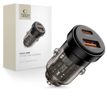 Tech-Protect CC03 30W auto lādētājs ar USB-A un USB-C portiem, melns