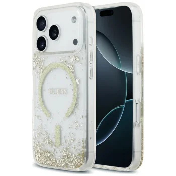 Guess Resin Bottom Glitter MagSafe vāciņš iPhone 18 Pro / 17 Pro, zelta