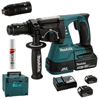 Akumulatora perforators Makita DHR243RT3J, 18 V, SDS-Plus, 3x 5.0 Ah akumulatori un koferis