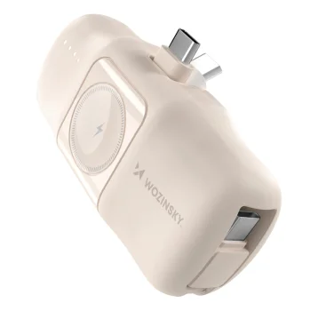 Wozinsky WF16-YCS 5000mAh 15W USB-C mini jaudas banka ar iebūvētu kabeli un Apple Watch lādētāju - bēša | Power...