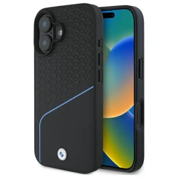 Чехол BMW для iPhone 16 Sign Leather Textured And Line MagSafe, черный