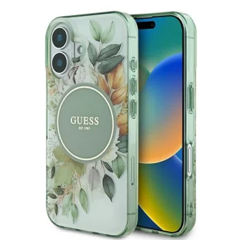 Guess iPhone 16 vāciņš IML Flower & Tonal Circle MagSafe, zaļš