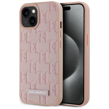 Чехол Karl Lagerfeld Leather Monogram Metal Logo MagSafe для iPhone 15, Розовый